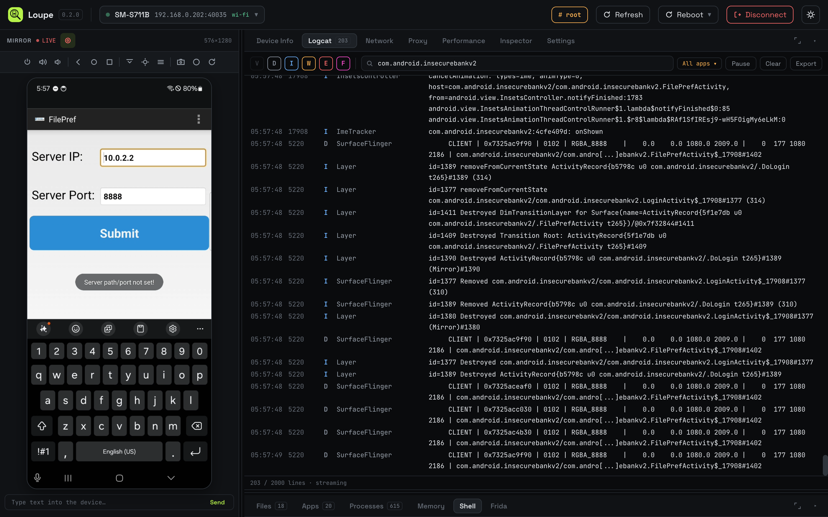 Logcat filtered to InsecureBankv2