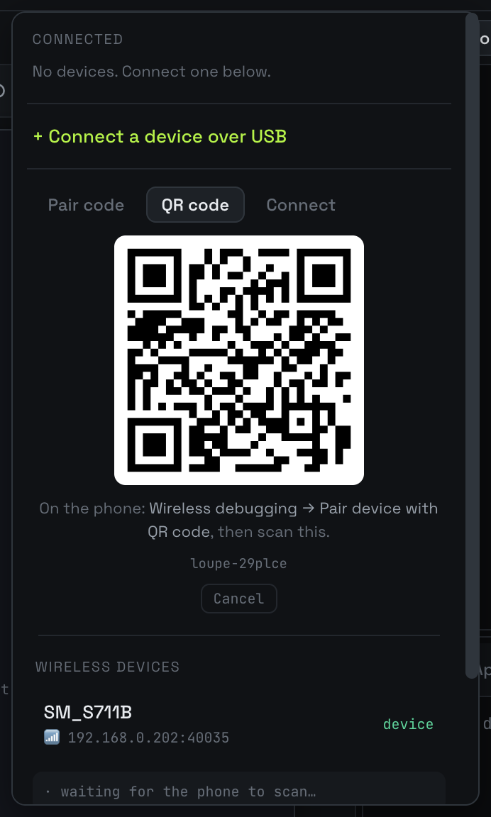 Connect over Wi-Fi menu